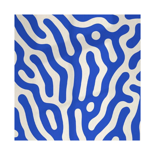 Square crop showing bold blue and off-white organic bands forming a flowing wavy pattern.