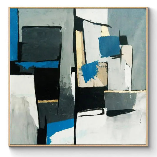Overlapping black, grey, cream and blue rectangular shapes with rough edges form an angular abstract composition.