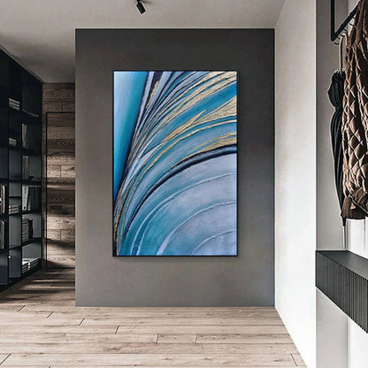 Room mockup showing sweeping blue and pale grey curved bands edged with thin black and gold-coloured lines.