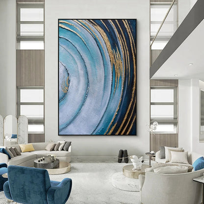 Room mockup showing sweeping blue and pale grey curved bands edged with thin black and gold-coloured lines.