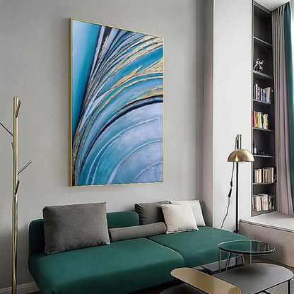 Room mockup showing sweeping blue and pale grey curved bands edged with thin black and gold-coloured lines.