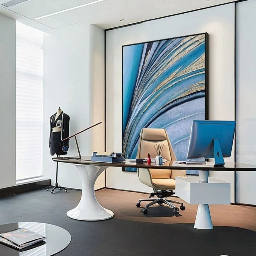 Room mockup showing sweeping blue and pale grey curved bands edged with thin black and gold-coloured lines.