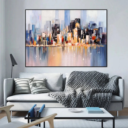 Room mockup showing blue and black city blocks with warm orange and cream highlights reflected in a soft lavender-blue foreground.