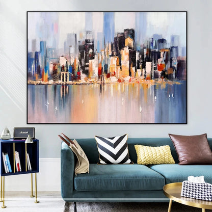 Room mockup showing blue and black city blocks with warm orange and cream highlights reflected in a soft lavender-blue foreground.