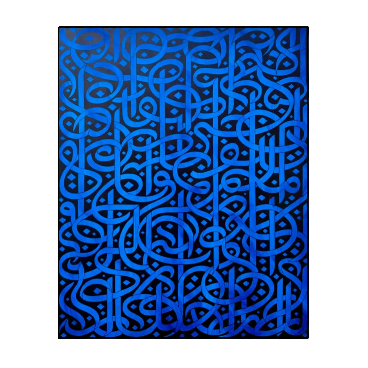 Interlaced sapphire-blue calligraphic letterforms across a black background.