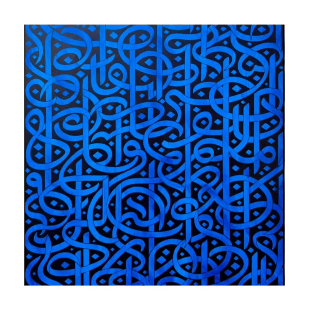 Square view of a blue and black hand-painted calligraphy composition.