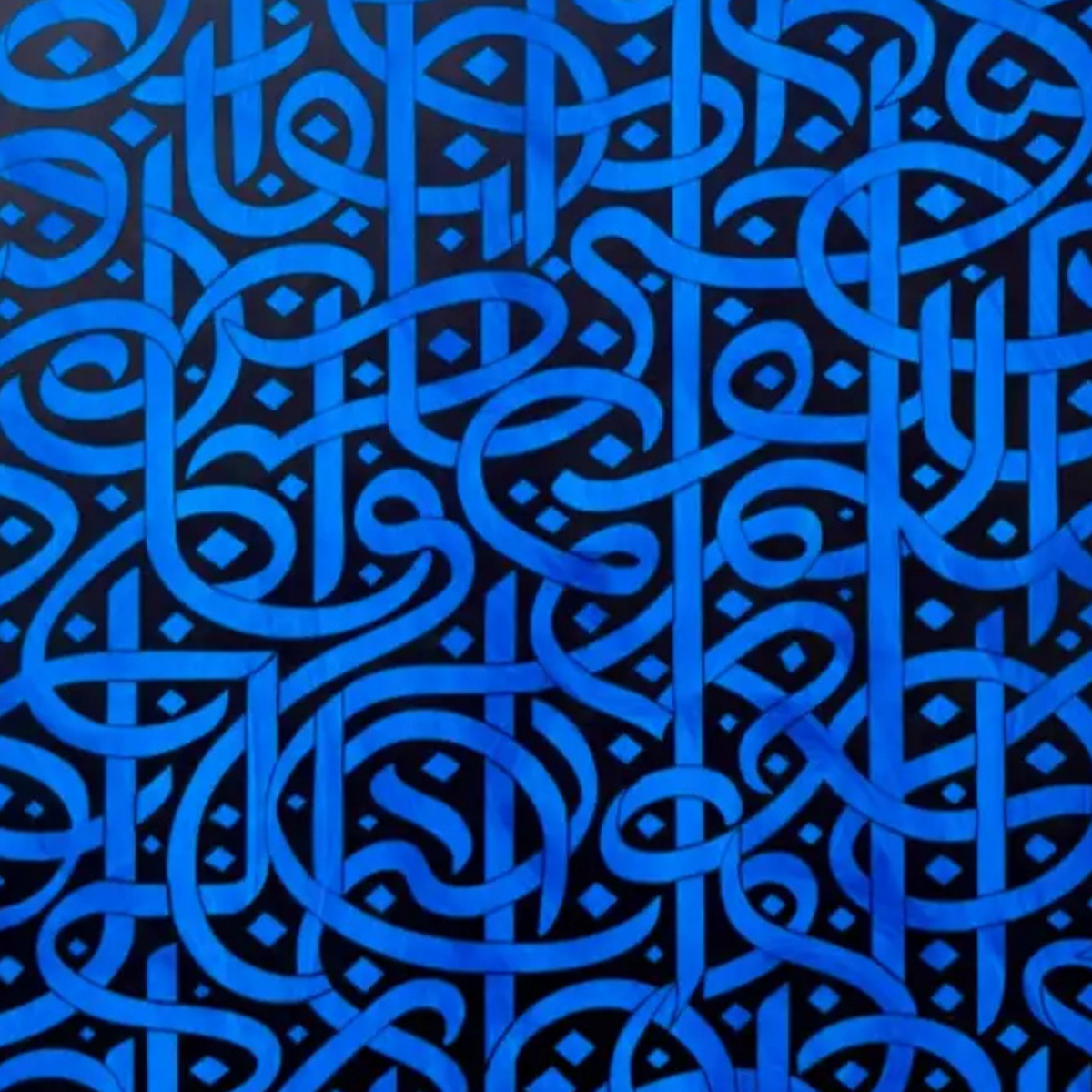 Close-up of looping blue script-like forms and black negative space.