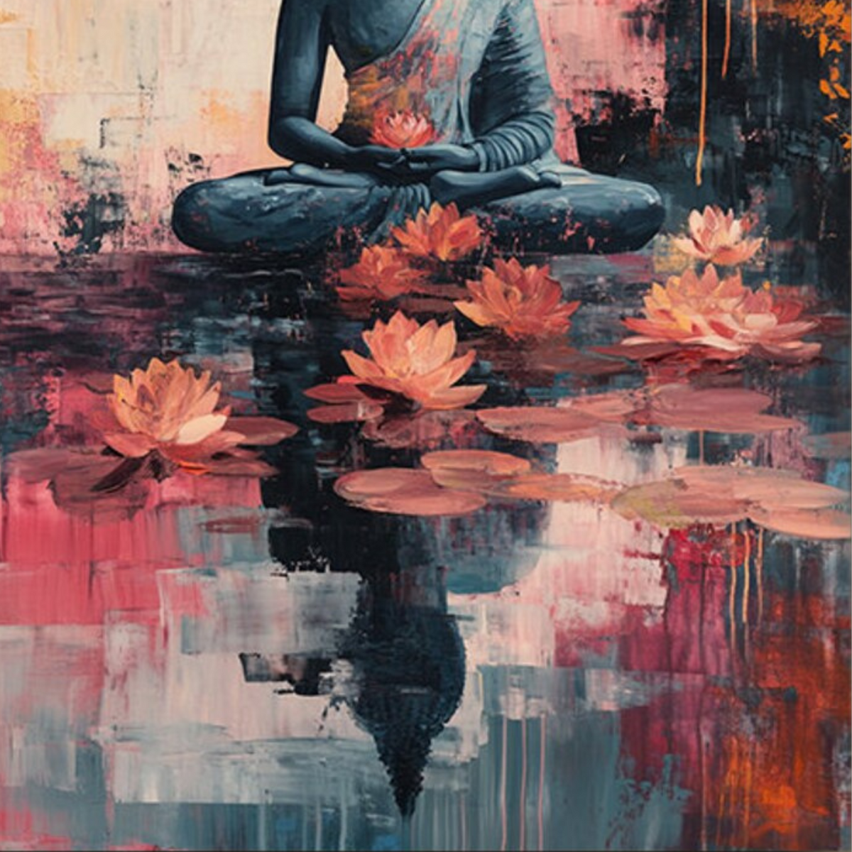 Close-up of pink lotus flowers and the Buddha’s reflection in water.