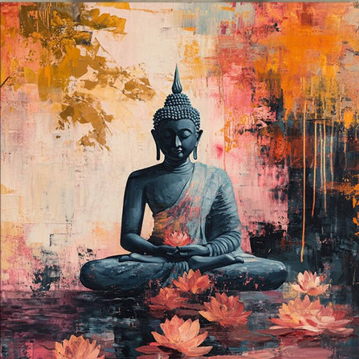 Detail of the seated blue Buddha against an orange and cream abstract background.