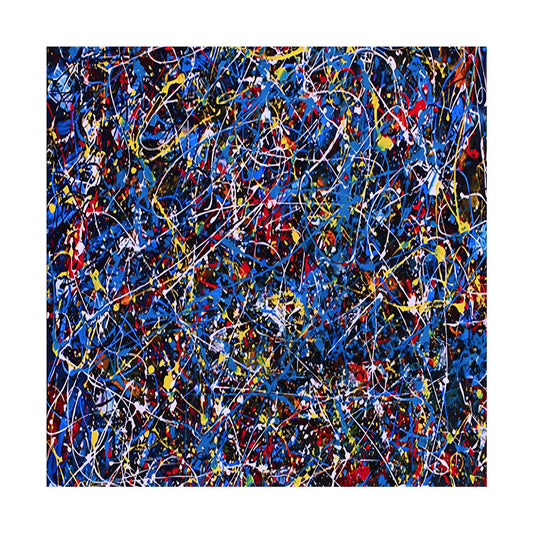 Square crop showing dense blue, red, yellow and white drips layered over a dark ground.