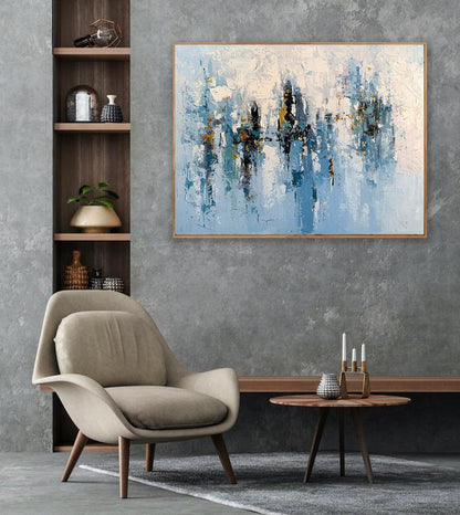 Abstract Blue Cityscape Painting – Modern Textured Skyline Wall Art