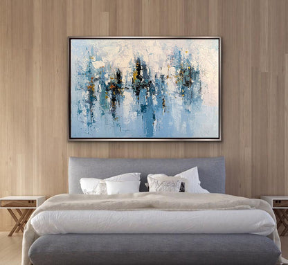 Abstract Blue Cityscape Painting – Modern Textured Skyline Wall Art