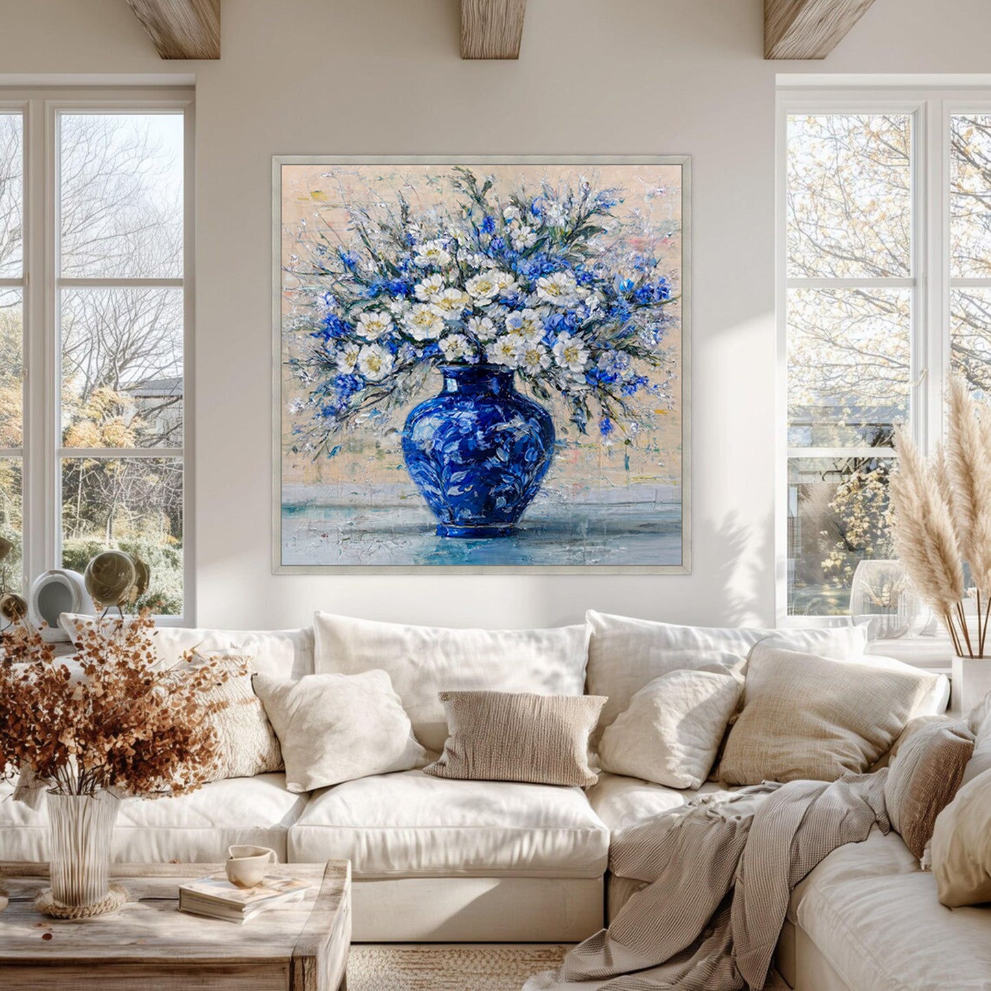 Blue Floral Vase Painting Textured Luxury Wall Art