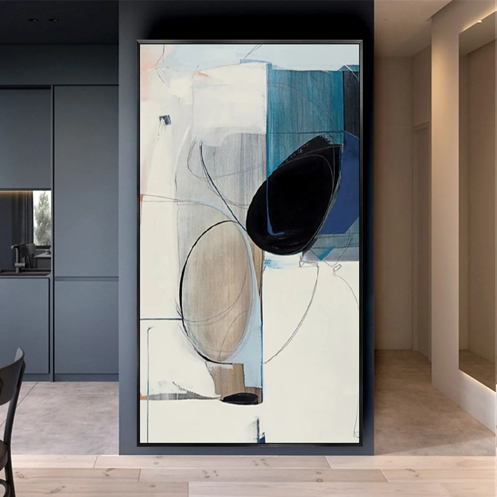Room mockup showing cream and blue geometric fields with a large black oval, a beige oval and thin curved outlines.