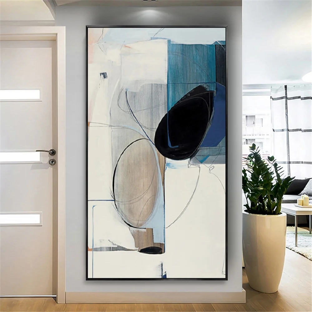 Room mockup showing cream and blue geometric fields with a large black oval, a beige oval and thin curved outlines.