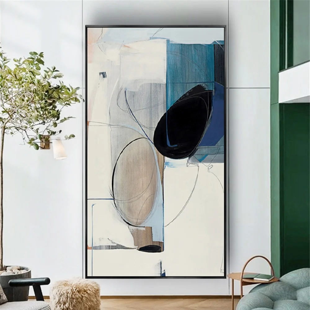 Room mockup showing cream and blue geometric fields with a large black oval, a beige oval and thin curved outlines.