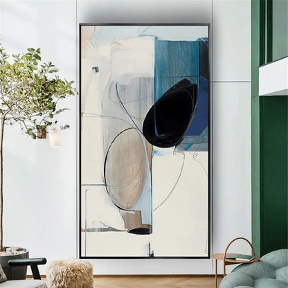 Room mockup showing cream and blue geometric fields with a large black oval, a beige oval and thin curved outlines.
