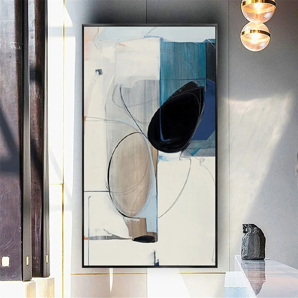 Room mockup showing cream and blue geometric fields with a large black oval, a beige oval and thin curved outlines.