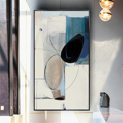 Room mockup showing cream and blue geometric fields with a large black oval, a beige oval and thin curved outlines.