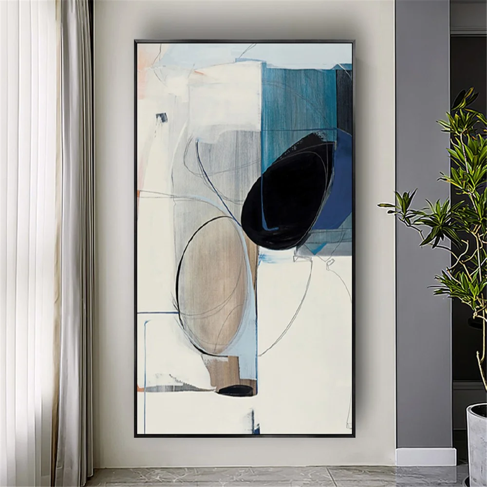 Room mockup showing cream and blue geometric fields with a large black oval, a beige oval and thin curved outlines.