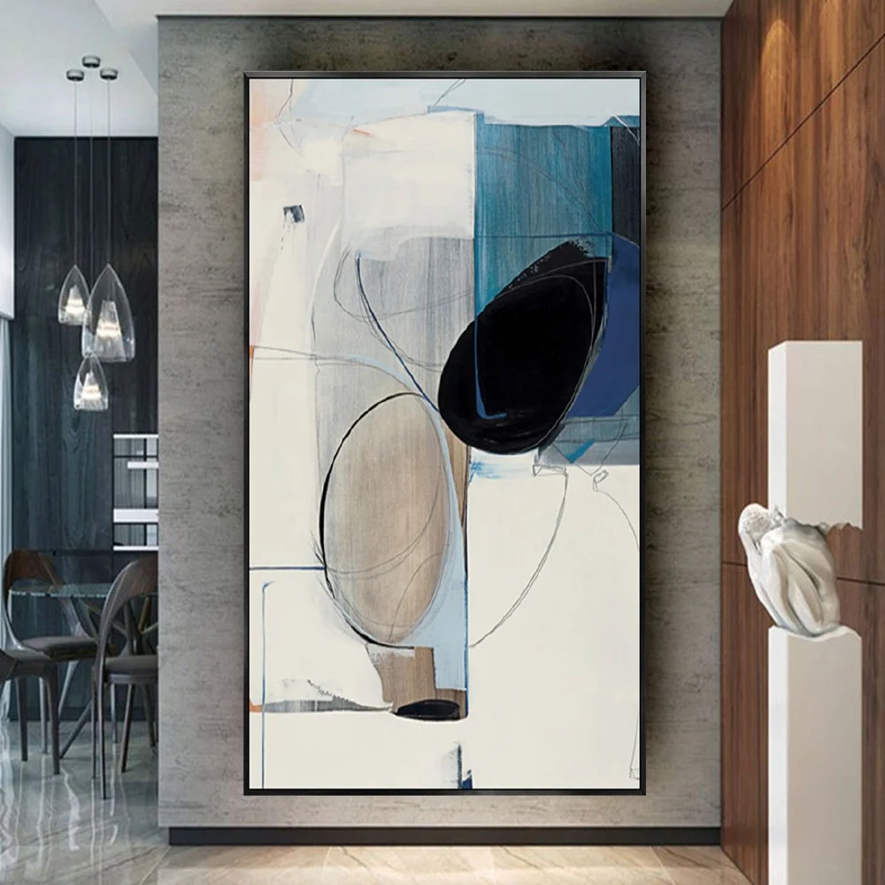 Room mockup showing cream and blue geometric fields with a large black oval, a beige oval and thin curved outlines.
