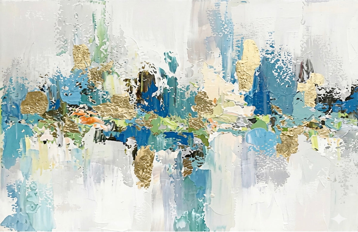 Layered blue, cream, teal and gold-coloured patches gather along a central band over white textured strokes.