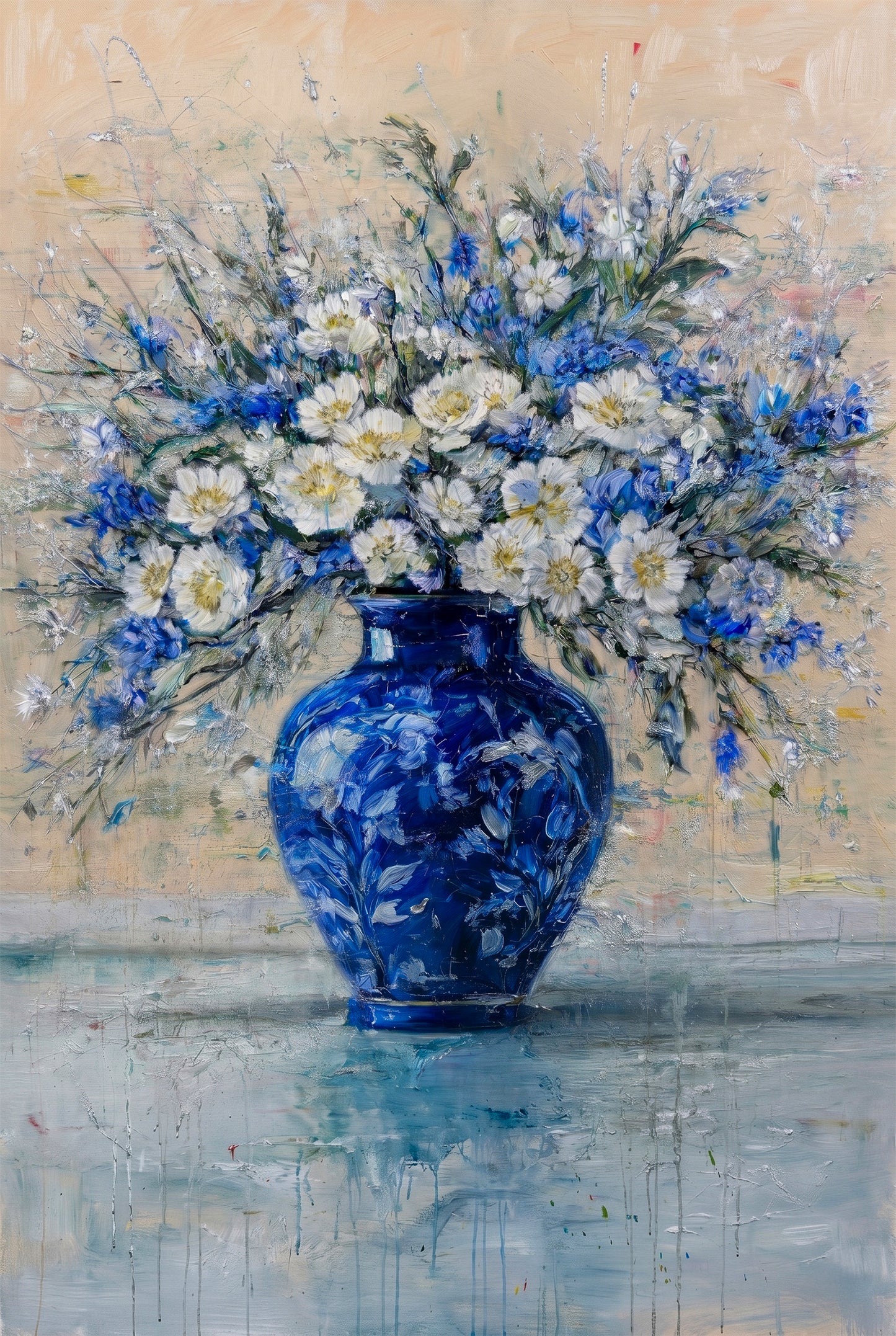 Close-up of hand-painted floral artwork with white daisies and blue flowers in cobalt blue vase showing rich texture and brushstrokes