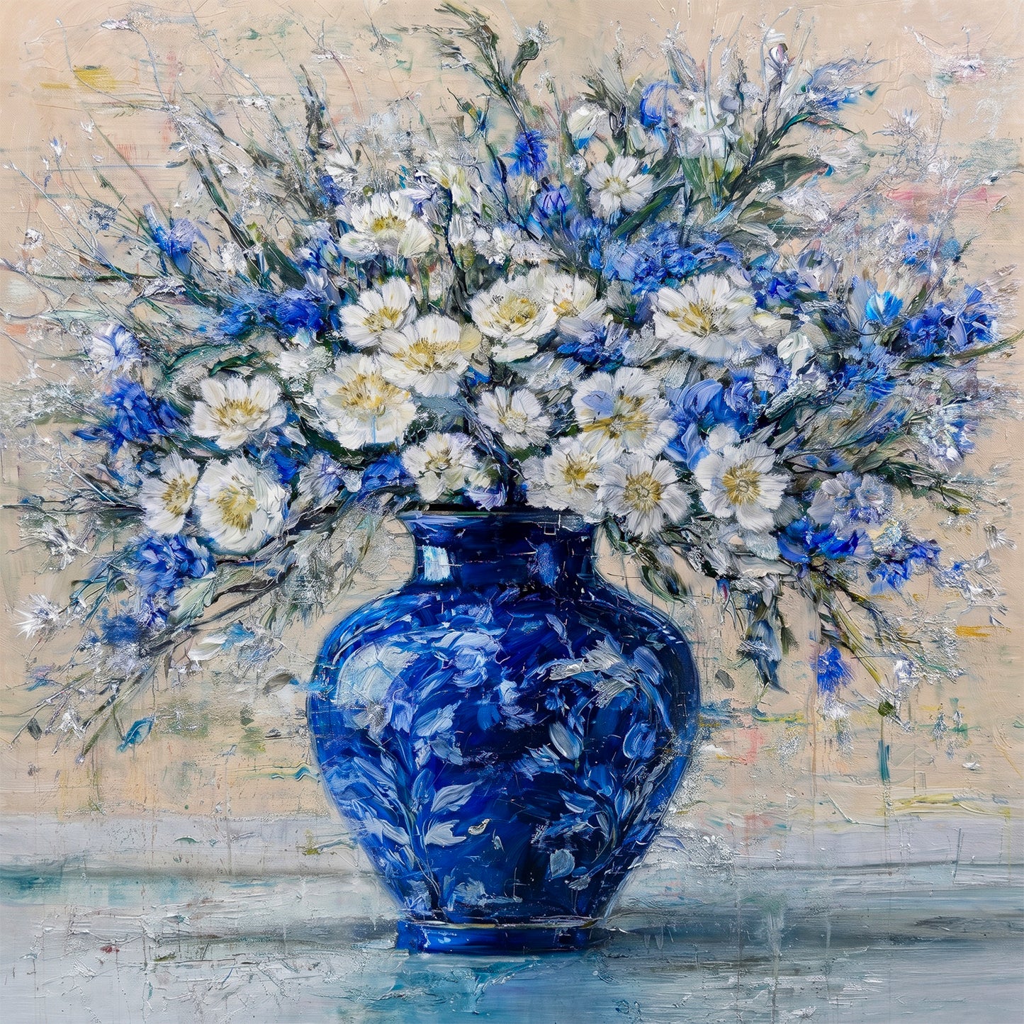 Hand-painted floral painting with white daisies and blue flowers in cobalt blue vase, textured brushwork on soft neutral background