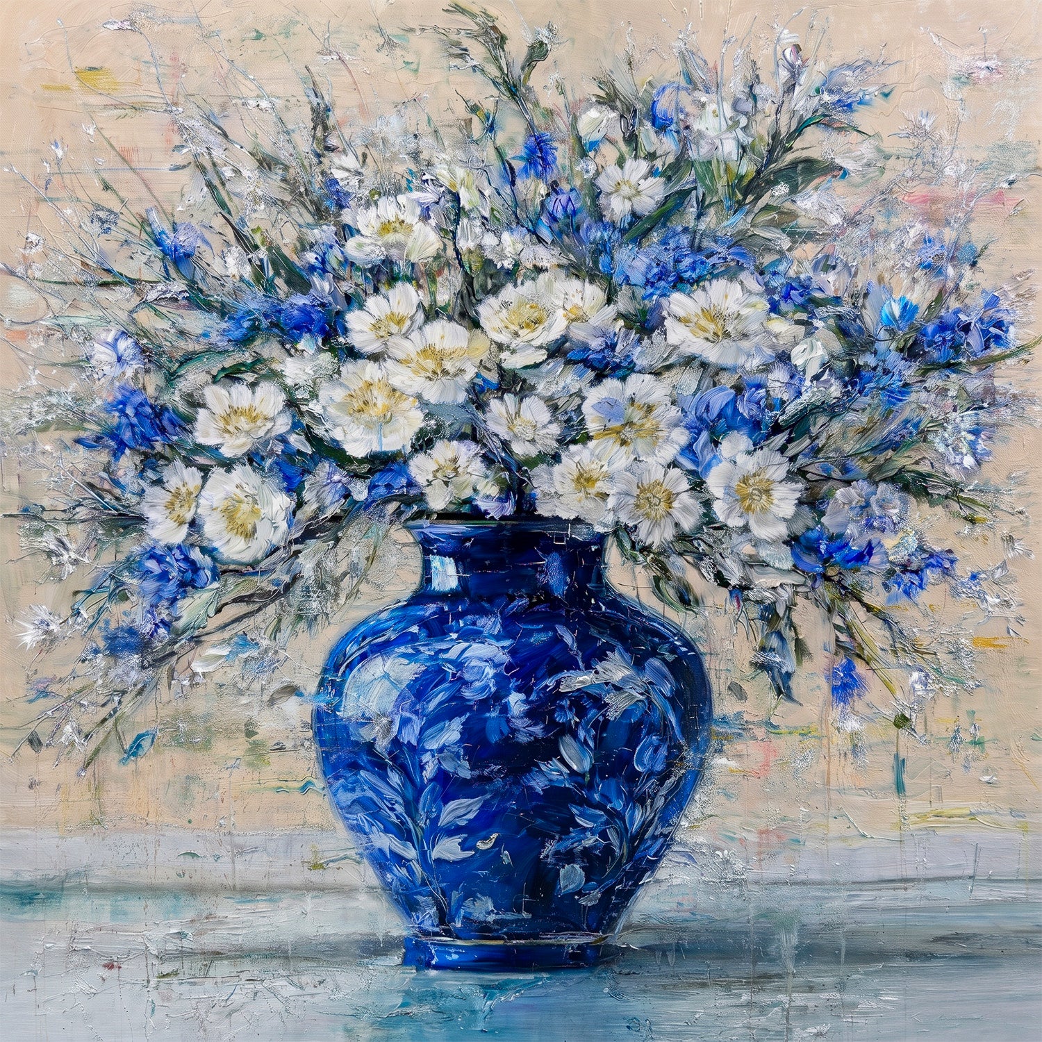 Hand-painted floral painting with white daisies and blue flowers in cobalt blue vase, textured brushwork on soft neutral background