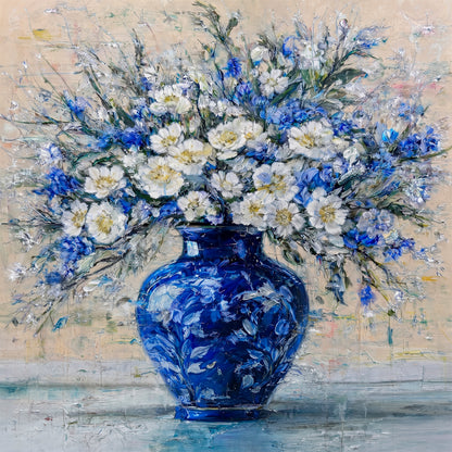 Hand-painted floral painting with white daisies and blue flowers in cobalt blue vase, textured brushwork on soft neutral background