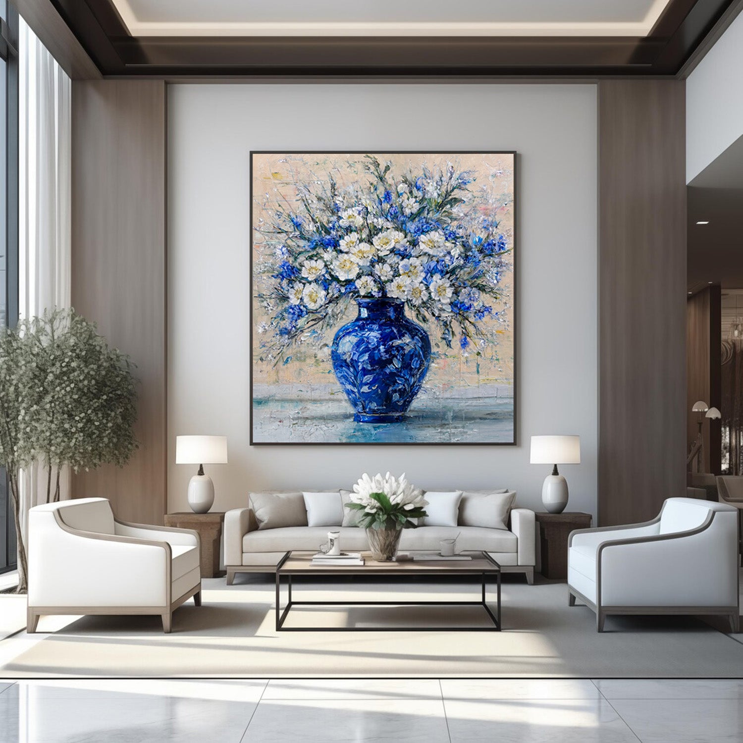 Hand-painted floral wall art in elegant living room with soft lighting and refined neutral decor highlighting blue accents