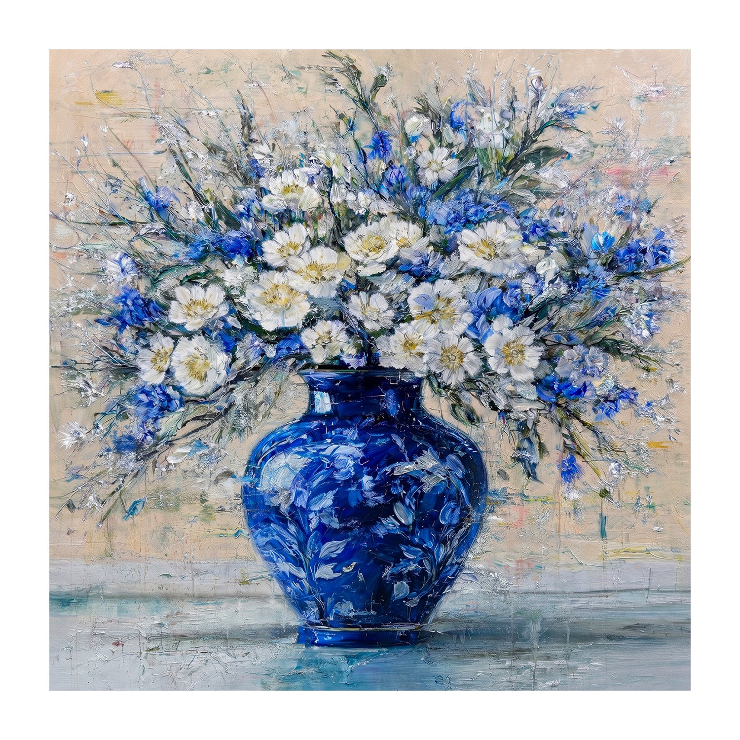 Hand-painted blue floral wall art in horizontal format with white daisies and cobalt vase on soft neutral background