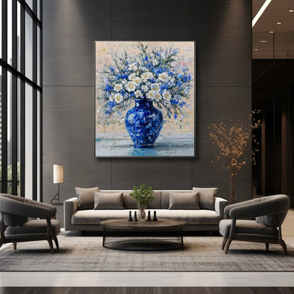 Hand-painted blue floral artwork displayed in luxury dark living room with modern furniture and statement wall