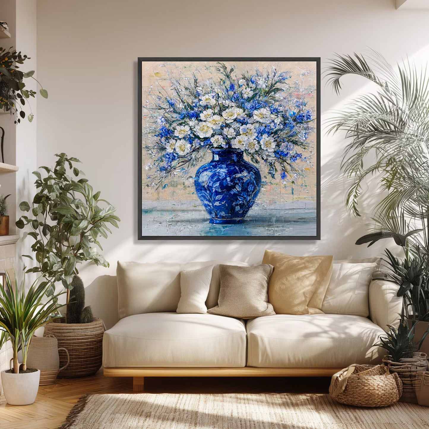 Hand-painted floral painting above grey sofa in modern minimalist interior, highlighting blue tones and textured detail