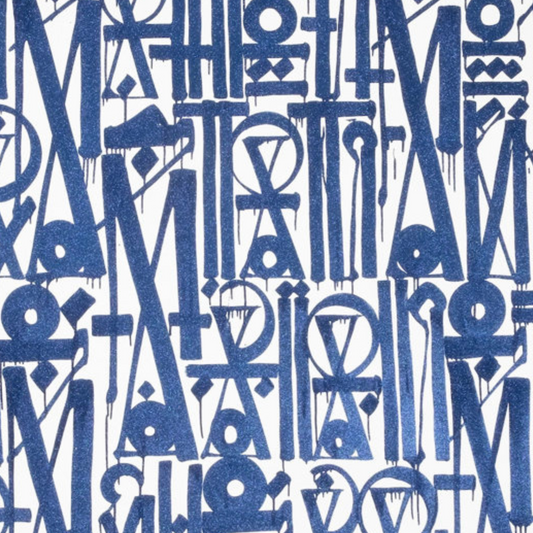 Close-up. Dense rows of blue circles, triangles and elongated letter-like symbols on a white background.