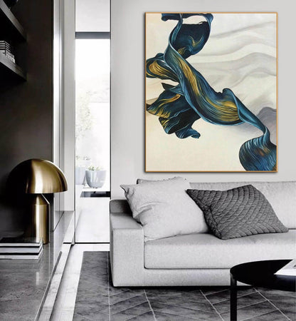 Fluid Blue and Gold Ribbon Abstract Painting – Elegant Modern Wall Art on Canvas