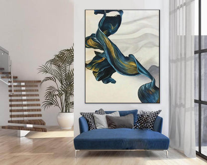Fluid Blue and Gold Ribbon Abstract Painting – Elegant Modern Wall Art on Canvas