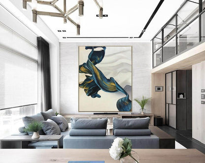 Fluid Blue and Gold Ribbon Abstract Painting – Elegant Modern Wall Art on Canvas
