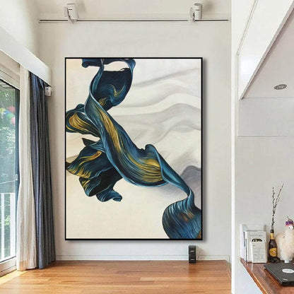 Fluid Blue and Gold Ribbon Abstract Painting – Elegant Modern Wall Art on Canvas