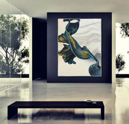 Fluid Blue and Gold Ribbon Abstract Painting – Elegant Modern Wall Art on Canvas