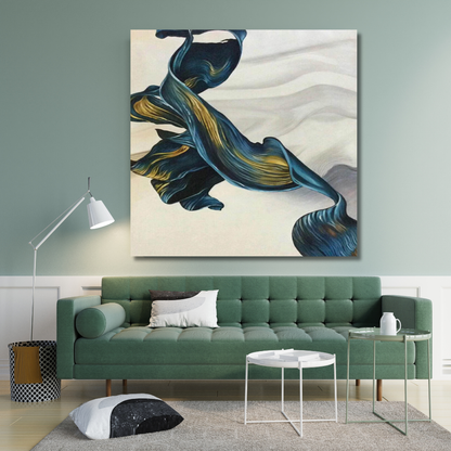 Fluid Blue and Gold Ribbon Abstract Painting – Elegant Modern Wall Art on Canvas