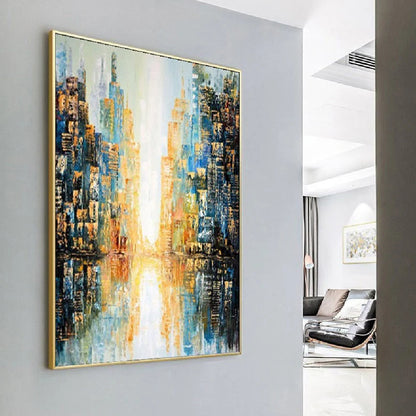 Room mockup showing abstract blue and dark navy city buildings with gold-coloured accents flanking a bright cream central passage and reflections.