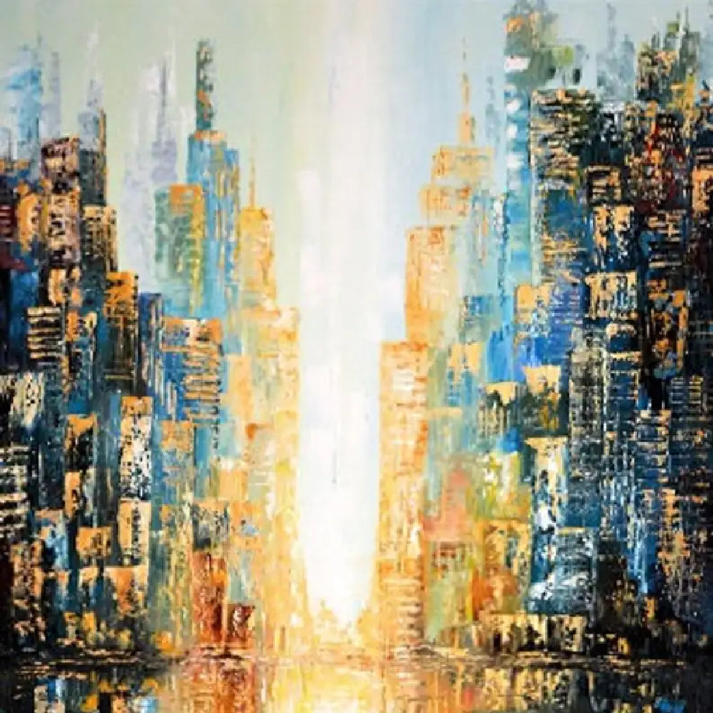 Abstract blue and dark navy city buildings with gold-coloured accents flanking a bright cream central passage and reflections.