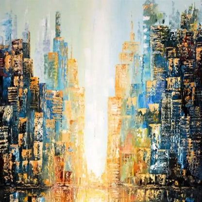 Abstract blue and dark navy city buildings with gold-coloured accents flanking a bright cream central passage and reflections.