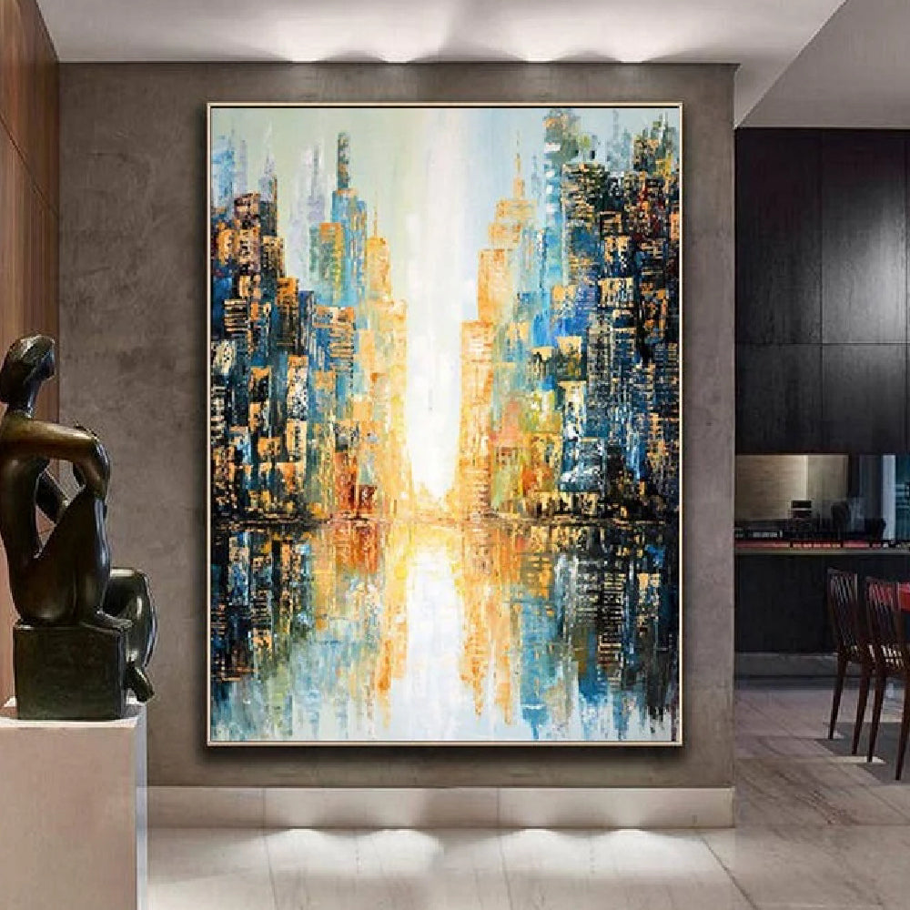 Room mockup showing abstract blue and dark navy city buildings with gold-coloured accents flanking a bright cream central passage and reflections.