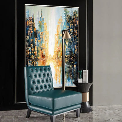 Room mockup showing abstract blue and dark navy city buildings with gold-coloured accents flanking a bright cream central passage and reflections.