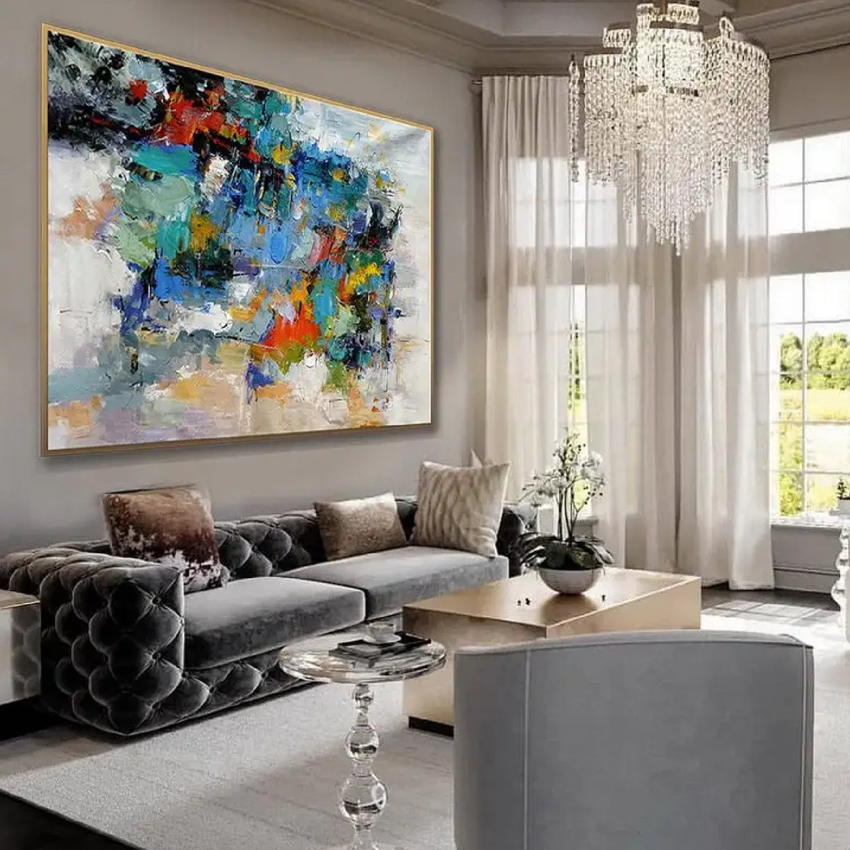 Room mockup. Layered blue, green, orange, yellow and black patches break across pale grey and white textured strokes.