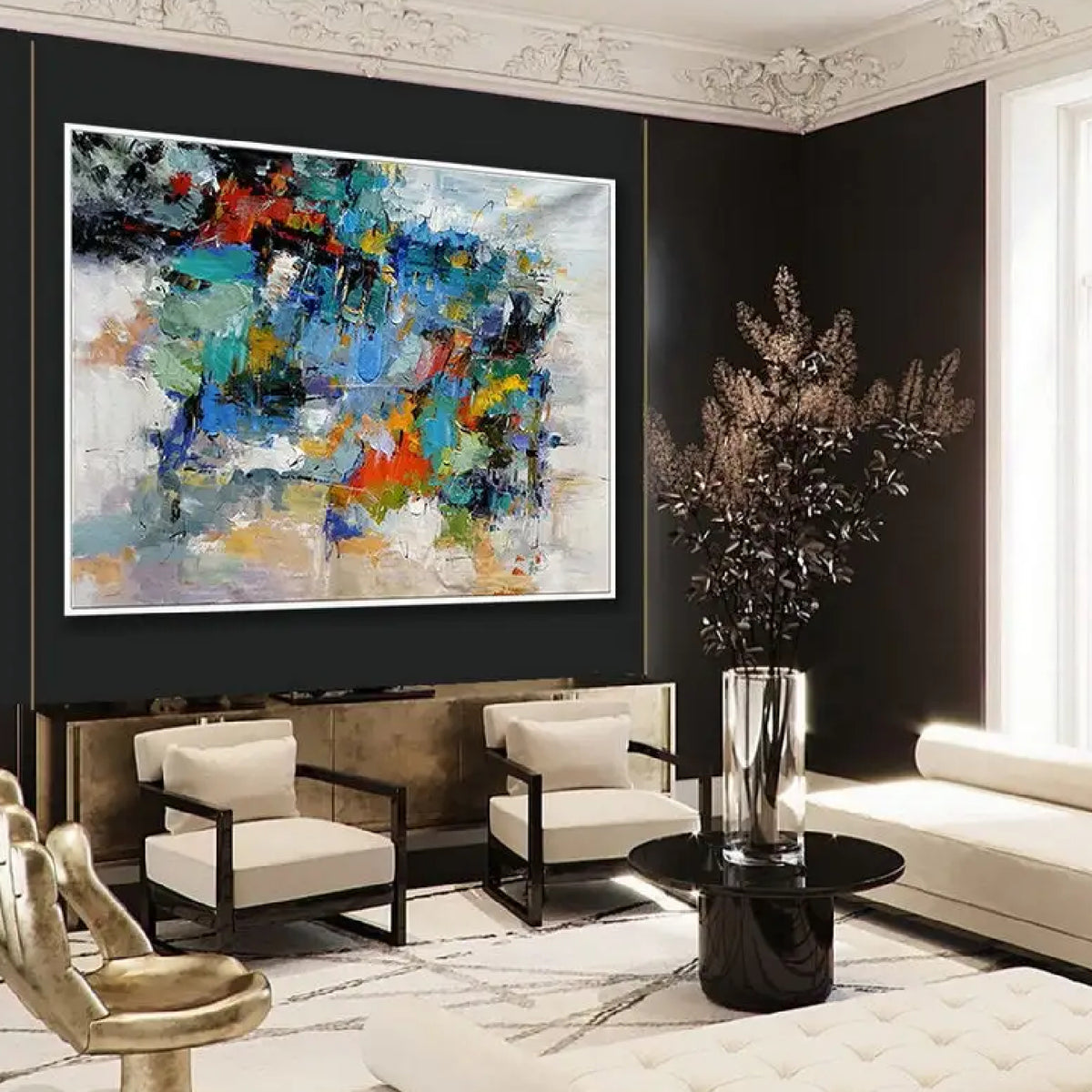 Room mockup. Layered blue, green, orange, yellow and black patches break across pale grey and white textured strokes.