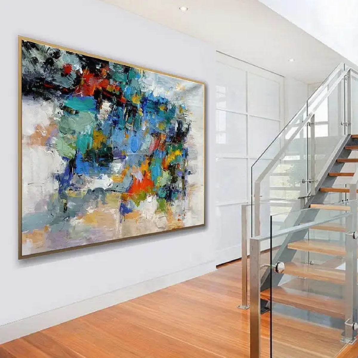 Room mockup. Layered blue, green, orange, yellow and black patches break across pale grey and white textured strokes.