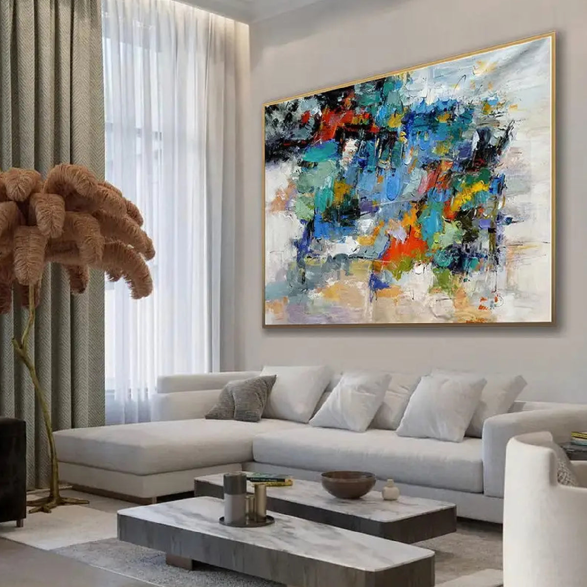 Room mockup. Layered blue, green, orange, yellow and black patches break across pale grey and white textured strokes.